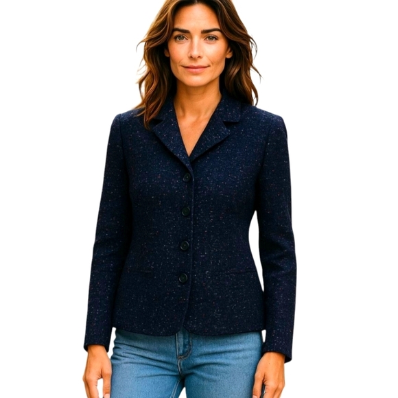 Lafayette 148 Blue Nubby Metallic thread Chic Tweed career Blazer Jacket sz 8 - Picture 1 of 10